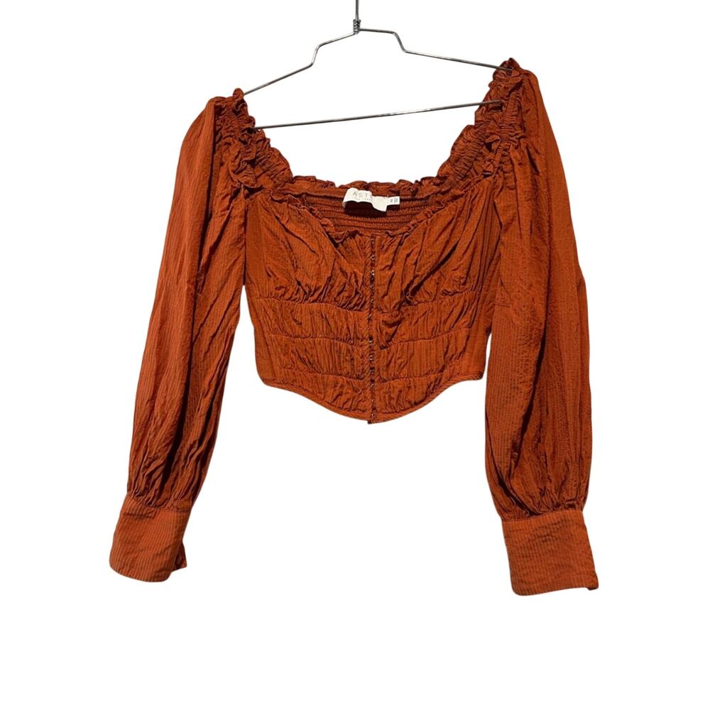 ASTR The Label Rust Smocked Crop Top Puff Sleeve Hook Front XS
